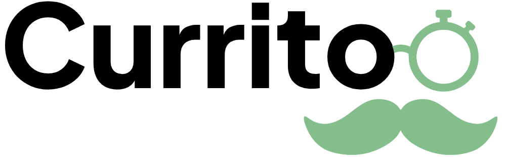 Logotipo de Currito, con el nombre de la marca y el icono de gafas cronómetro y bigote