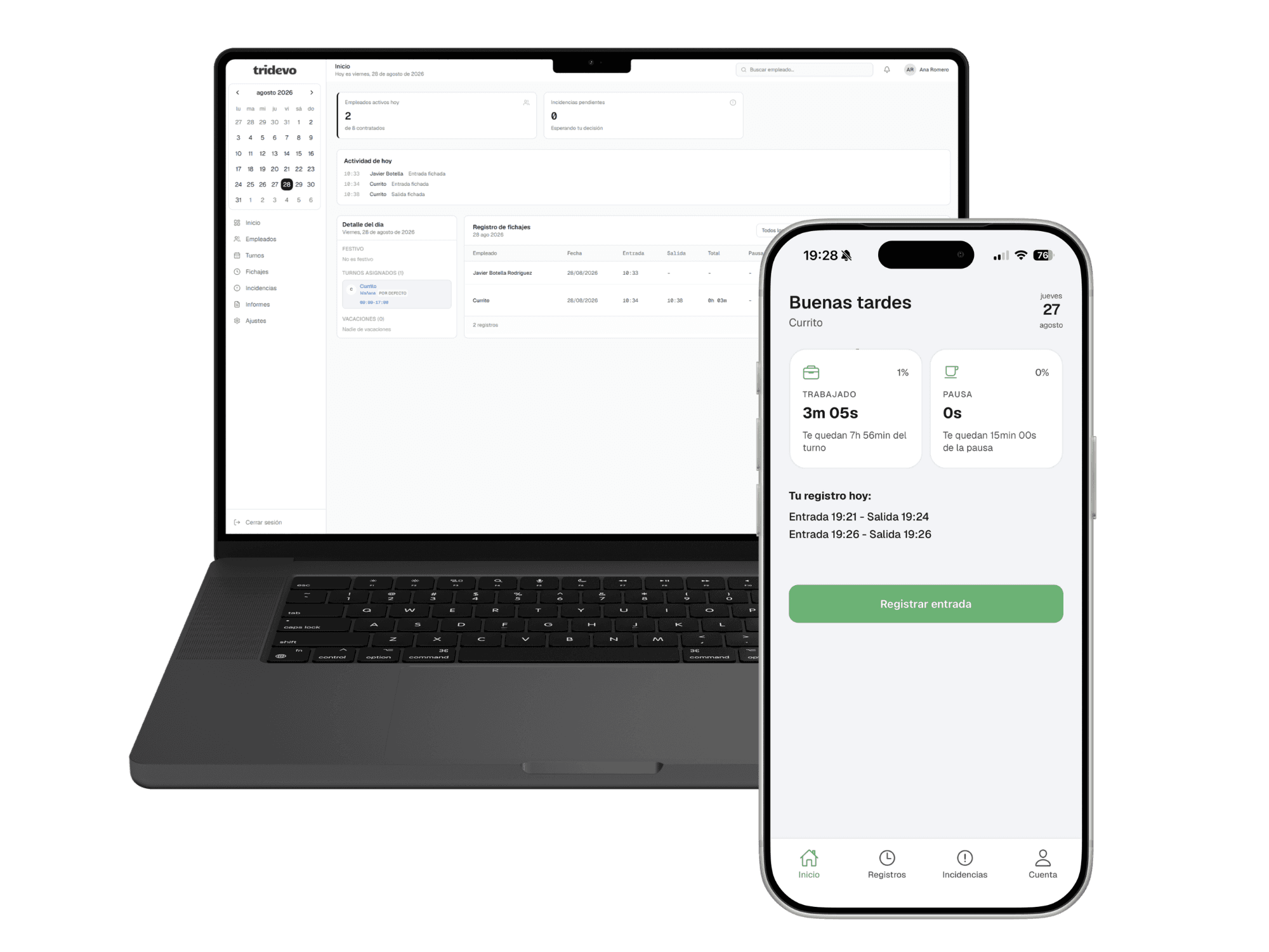 Currito en móvil: aplicación de fichaje y control horario para empleados con panel de administración para RRHH